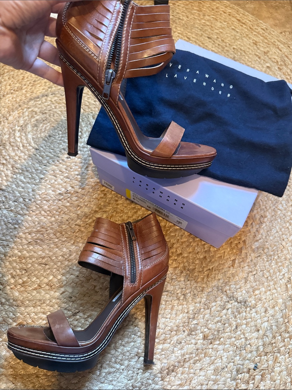 Vera Wang Brown Leather Strappy High Heel Sandals with Ankle Zip